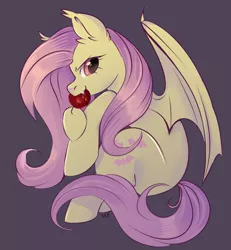Size: 3400x3680 | Tagged: safe, artist:sonyak_e, derpibooru import, fluttershy, bat pony, pony, apple, aside glance, bat ponified, bat wings, biting, female, flutterbat, food, high res, image, jpeg, looking at you, mare, profile, race swap, red eyes, sideways glance, simple background, sitting, solo, spread wings, wings