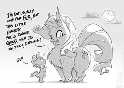 Size: 1169x827 | Tagged: safe, artist:jollyjack, derpibooru import, rarity, spike, were-pony, chest fluff, dialogue, duo, grayscale, image, jpeg, monochrome, sharp teeth, size difference, teeth, wereity, wide eyes
