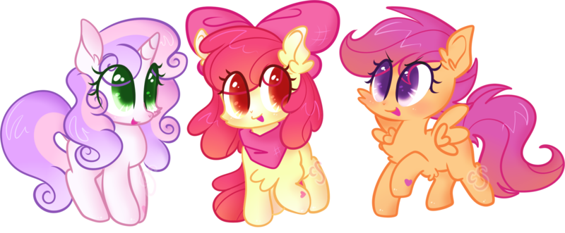 Size: 2127x880 | Tagged: safe, artist:computershits, derpibooru import, apple bloom, scootaloo, sweetie belle, earth pony, pegasus, unicorn, accessories, alternate hairstyle, bow, curly hair, cutie mark crusaders, hoof heart, image, looking at each other, looking at someone, png, raised hoof, shiny hair, simple background, spread wings, transparent background, trio, wings