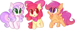 Size: 2127x880 | Tagged: safe, artist:computershits, derpibooru import, apple bloom, scootaloo, sweetie belle, earth pony, pegasus, unicorn, accessories, alternate hairstyle, bow, curly hair, cutie mark crusaders, hoof heart, image, looking at each other, looking at someone, png, raised hoof, shiny hair, simple background, spread wings, transparent background, trio, wings