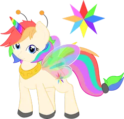 Size: 920x881 | Tagged: safe, artist:bluebean, derpibooru import, oc, unofficial characters only, breezie, pony, unicorn, antenna, butterfly wings, commission, cutie mark, female, horn, image, jewelry, mare, multicolored hair, png, rainbow, rainbow hair, regalia, simple background, smiling, transparent background, wings
