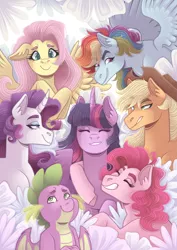 Size: 3507x4960 | Tagged: safe, artist:kikirdcz, derpibooru import, applejack, fluttershy, pinkie pie, rainbow dash, rarity, spike, twilight sparkle, twilight sparkle (alicorn), alicorn, dragon, earth pony, pegasus, pony, unicorn, absurd resolution, applejack's hat, bedroom eyes, cowboy hat, curved horn, cute, eyebrows, eyes closed, eyeshadow, female, flower, flower petals, grin, hat, horn, hug, image, makeup, male, mane seven, mane six, mare, png, smiling, spread wings, winged spike, wings