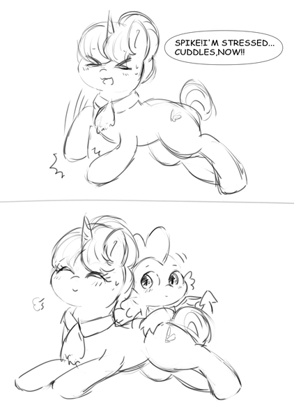 Size: 2689x3823 | Tagged: safe, artist:leo19969525, derpibooru import, spike, oc, pony, unicorn, blushing, cutie mark, duo, eyes closed, horn, image, jpeg, mini comic, sketch, smiling, text