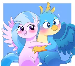 Size: 3252x2839 | Tagged: safe, artist:leo19969525, derpibooru import, gallus, silverstream, gryphon, blue background, blushing, duo, female, gallstream, image, jpeg, male, shipping, silverstream hugs gallus, simple background, spread wings, straight, wings