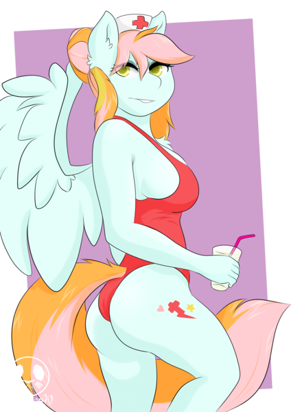 Size: 2894x4093 | Tagged: suggestive, artist:panda-man90, author:bigonionbean, derpibooru import, lightning dust, nurse redheart, oc, oc:instant care, unofficial characters only, anthro, earth pony, pegasus, pony, unguligrade anthro, big breasts, breasts, bust, butt, clothes, commissioner:bigonionbean, cutie mark, drink, female, flank, freckles, fusion, fusion:instant care, hat, horn, image, large butt, looking at you, looking back, looking back at you, mare, nurse, nurse hat, one-piece swimsuit, plot, png, swimsuit