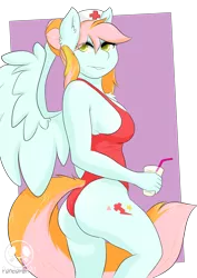 Size: 2894x4093 | Tagged: suggestive, artist:panda-man90, author:bigonionbean, derpibooru import, lightning dust, nurse redheart, oc, oc:instant care, unofficial characters only, anthro, earth pony, pegasus, pony, unguligrade anthro, big breasts, breasts, bust, butt, clothes, commissioner:bigonionbean, cutie mark, drink, female, flank, freckles, fusion, fusion:instant care, hat, horn, image, large butt, looking at you, looking back, looking back at you, mare, nurse, nurse hat, one-piece swimsuit, plot, png, swimsuit