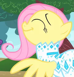 Size: 685x708 | Tagged: safe, derpibooru import, screencap, fluttershy, pegasus, pony, green isn't your color, clothes, cropped, eyes closed, female, image, mare, nudie suit, outdoors, png, smiling, solo, spread wings, wings