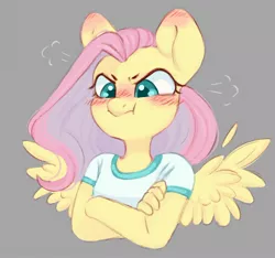 Size: 1154x1079 | Tagged: safe, artist:melodylibris, derpibooru import, fluttershy, anthro, angry, blushing, bust, clothes, crossed arms, cute, emanata, feather, female, frown, furrowed brow, gray background, image, jpeg, madorable, pouting, shirt, simple background, solo, spread wings, t-shirt, three quarter view, wings
