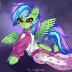 Size: 2048x2048 | Tagged: safe, artist:monstrum, derpibooru import, oc, unofficial characters only, pegasus, pony, big eyes, clothes, cute, hooves, image, jpeg, looking at you, panties, sexy, socks, solo, stockings, sultry pose, thigh highs, underwear, wings