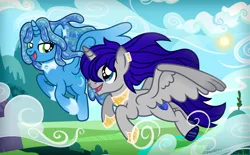 Size: 1200x745 | Tagged: safe, artist:jennieoo, derpibooru import, oc, oc:maverick, oc:ocean soul, alicorn, pony, cloud, flying, happy, image, long hair, png, smiling, story, story included, sun, vector