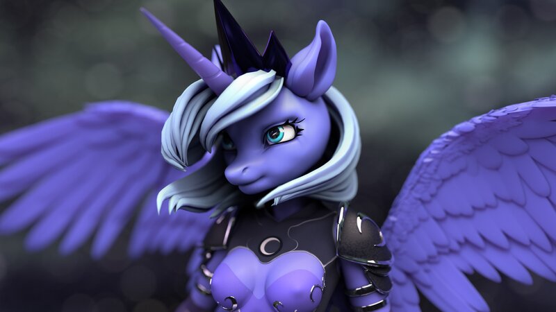 Size: 3840x2160 | Tagged: suggestive, alternate angle, alternate version, artist:kelpiemoonknives, derpibooru import, princess luna, alicorn, anthro, pony, 3d, armor, breasts, depth of field, erect nipples, female, image, jpeg, mare, nipple outline, s1 luna, solo, solo female, space, spread wings, stars, unconvincing armor, wings