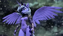 Size: 3840x2160 | Tagged: suggestive, artist:kelpiemoonknives, derpibooru import, princess luna, alicorn, anthro, pony, 3d, armor, breasts, depth of field, erect nipples, female, high-cut clothing, image, jpeg, mare, nipple outline, s1 luna, solo, solo female, space, spread wings, stars, unconvincing armor, wings