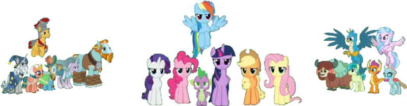 Size: 948x247 | Tagged: safe, artist:pascalmulokozi2, derpibooru import, edit, edited screencap, editor:pascalmulokozi2, screencap, applejack, flash magnus, fluttershy, gallus, meadowbrook, mistmane, ocellus, pinkie pie, rainbow dash, rarity, rockhoof, sandbar, silverstream, smolder, somnambula, spike, star swirl the bearded, twilight sparkle, twilight sparkle (alicorn), yona, alicorn, dragon, season 9, the ending of the end, spoiler:s09, background removed, image, mane six, pillars of equestria, png, simple background, student six, transparent background, winged spike, wings