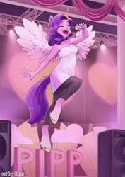 Size: 2480x3508 | Tagged: safe, alternate version, artist:pwnagespartan, derpibooru import, pipp petals, anthro, pegasus, unguligrade anthro, adorapipp, breasts, cute, female, flying, g5, headband, image, microphone, png, singing, solo, speaker, stage