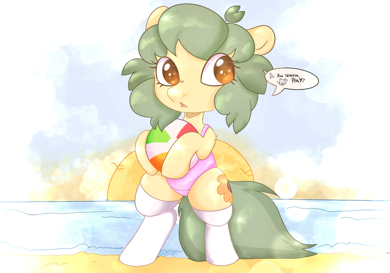 Size: 2388x1668 | Tagged: safe, artist:mushy, derpibooru import, oc, oc:pea, pegasus, pony, beach, beach ball, beach day, clothes, female, filly, foal, image, jpeg, ocean, photo, socks, thigh highs, water