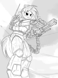 Size: 1500x2000 | Tagged: safe, artist:ruhisu, derpibooru import, vinyl scratch, anthro, pony, unicorn, commission, dune, female, grayscale, image, jpeg, mare, minigun, monochrome, powered exoskeleton, solo, standing, trooper, warface, wip