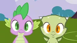 Size: 1366x768 | Tagged: safe, artist:queencold, derpibooru import, edit, edited screencap, screencap, spike, oc, oc:jade, dragon, friendship is magic, season 1, baby, baby dragon, dragon wings, dragoness, fangs, female, horns, image, male, png, wings