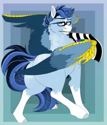 Size: 1749x2048 | Tagged: safe, artist:inisealga, derpibooru import, oc, oc:soaring spirit, unofficial characters only, pegasus, pony, abstract background, coat markings, colored wings, commission, facial markings, female, glasses, image, jpeg, male, multicolored hair, multicolored mane, multicolored tail, multicolored wings, pegasus oc, pride, pride flag, socks (coat marking), solo, stallion, straight, straight ally, tail, wing brace, wings, your character here