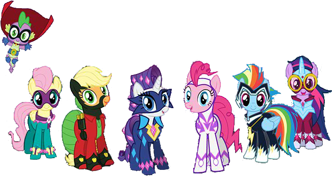 Size: 651x345 | Tagged: safe, artist:pascalmulokozi2, derpibooru import, editor:pascalmulokozi2, applejack, fili-second, fluttershy, humdrum, masked matter-horn, mistress marevelous, pinkie pie, radiance, rainbow dash, rarity, saddle rager, spike, twilight sparkle, zapp, alicorn, dragon, pegasus, pony, unicorn, power ponies (episode), image, mane seven, mane six, png, power ponies