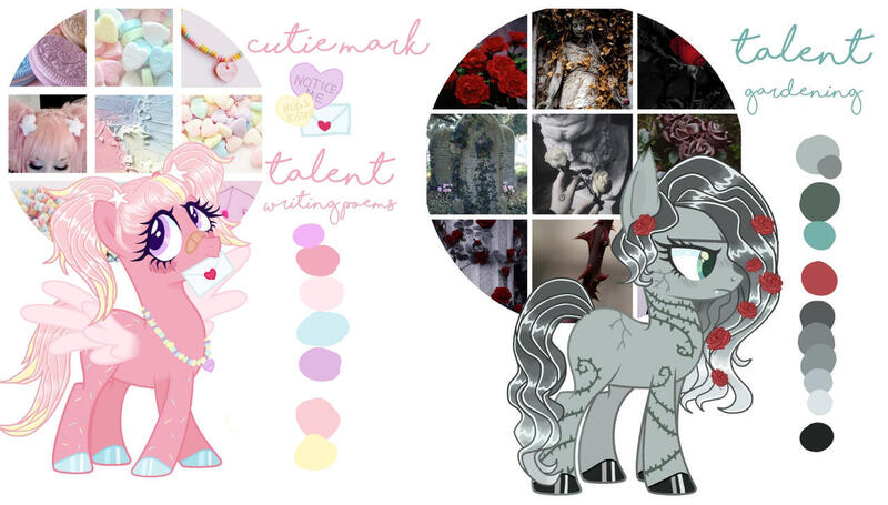 Size: 1280x728 | Tagged: safe, artist:mint-light, artist:vernorexia, derpibooru import, oc, bat pony, earth pony, pegasus, pony, adoptable, adoptable open, aesthetics, bandaid, bandaid on nose, base used, blushing, candy, candy necklace, color palette, colored hooves, cracked, duo, fangs, flower, flower in hair, food, for sale, goth, gradient mane, gray coat, gray mane, green eyes, hairclip, image, jewelry, jpeg, letter, love letter, moodboard, necklace, pigtails, pink mane, purple eyes, reference sheet, rose, spread wings, sprinkles, thorn, vine, wings