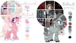 Size: 1280x728 | Tagged: safe, artist:mint-light, artist:vernorexia, derpibooru import, oc, bat pony, earth pony, pegasus, pony, adoptable, adoptable open, aesthetics, bandaid, bandaid on nose, base used, blushing, candy, candy necklace, color palette, colored hooves, cracked, duo, fangs, flower, flower in hair, food, for sale, goth, gradient mane, gray coat, gray mane, green eyes, hairclip, image, jewelry, jpeg, letter, love letter, moodboard, necklace, pigtails, pink mane, purple eyes, reference sheet, rose, spread wings, sprinkles, thorn, vine, wings