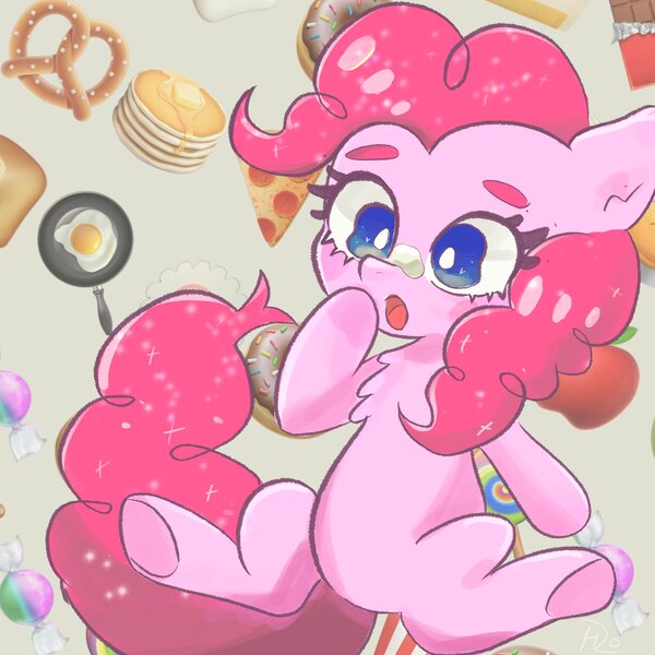 Size: 3024x3024 | Tagged: safe, artist:h2o_omz, artist:jellyfish_k_r_g, derpibooru import, pinkie pie, earth pony, pony, apple, chest fluff, donut, female, food, image, jpeg, mare, pancakes, pizza, pretzel, simple background, solo