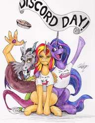 Size: 1280x1668 | Tagged: safe, artist:masterdarhil, derpibooru import, discord, sunset shimmer, twilight sparkle, twilight sparkle (alicorn), alicorn, draconequus, pony, alicornified, fanfic art, female, food, frown, image, jpeg, male, mare, open mouth, open smile, pie, race swap, shadow, shimmercorn, simple background, sitting, smiling, sunset shimmer is not amused, traditional art, trio, unamused, watercolor painting, white background