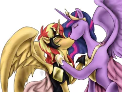 Size: 962x723 | Tagged: safe, artist:masterdarhil, derpibooru import, sunset shimmer, twilight sparkle, twilight sparkle (alicorn), alicorn, pony, bisexual, digital art, fanfic art, image, jpeg, kissing