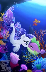 Size: 1685x2659 | Tagged: safe, artist:theretroart88, derpibooru import, rarity, spike, fish, pony, puffer fish, seapony (g4), starfish, my little pony: the movie, blue eyes, blue mane, blushing, bubble, coral, crepuscular rays, digital art, dorsal fin, female, fins, fish tail, fishified, flowing mane, flowing tail, green eyes, high res, image, kissing, lidded eyes, logo, looking at each other, looking at someone, male, mare, ocean, png, seaponified, seapony rarity, shipping, smiling, smiling at each other, sparity, species swap, spike the pufferfish, straight, sunlight, swimming, tail, underwater, water, watermark