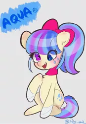 Size: 1423x2048 | Tagged: safe, artist:h2o_omz, artist:jellyfish_k_r_g, derpibooru import, oc, unofficial characters only, earth pony, pony, bandage, bow, choker, cross-eyed, derp, eye clipping through hair, female, gray background, hair bow, heterochromia, image, jpeg, mare, raised hoof, simple background, sitting, solo, torn ear