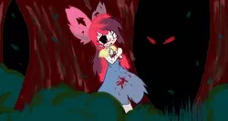 Size: 1366x724 | Tagged: grimdark, artist:applecider1412, derpibooru import, apple bloom, human, undead, zombie, story of the blanks, black sclera, blanked apple bloom, blood, bow, clothes, everfree forest, female, forest, hair bow, humanized, image, png, red eyes, scared, transformation, tree