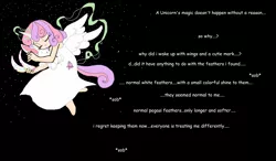 Size: 1152x674 | Tagged: grimdark, artist:applecider1412, derpibooru import, sweetie belle, human, rabbit, animal, crying, dialogue, eyes closed, feather, female, flying, horn, horned humanization, humanized, image, implied princess celestia, jpeg, magic, night, plushie, sad, sleeping, stars, text, winged humanization, wings