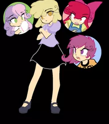 Size: 828x944 | Tagged: safe, artist:applecider1412, derpibooru import, apple bloom, dinky hooves, scootaloo, sweetie belle, human, angry, black background, bow, clothes, confused, crossed arms, cutie mark crusaders, frown, hair bow, humanized, image, png, shirt, shoes, simple background, skirt