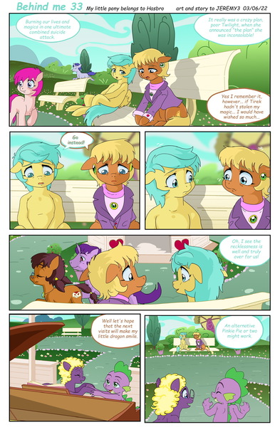 Size: 1536x2346 | Tagged: safe, artist:jeremy3, derpibooru import, ms. harshwhinny, spike, sunshower raindrops, oc, oc:valentine, dragon, earth pony, pegasus, pony, unicorn, comic:behind me, alternate universe, bench, clothes, comic, house, image, jpeg, musical instrument, piano, ponyville