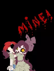 Size: 510x674 | Tagged: grimdark, artist:applecider1412, derpibooru import, apple bloom, human, undead, zombie, story of the blanks, angry, applebuck, bad end, bandana, black background, black sclera, blanked apple bloom, blood, bow, clothes, crying, dialogue, female, frown, hair bow, hug, humanized, image, jpeg, male, rule 63, sad, shirt, simple background, straight, text, transformation