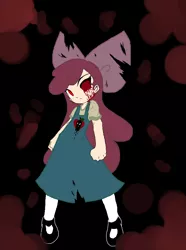 Size: 722x972 | Tagged: grimdark, artist:applecider1412, derpibooru import, apple bloom, human, undead, zombie, story of the blanks, black sclera, blanked apple bloom, blood, bow, clothes, female, hair bow, humanized, image, png, shoes