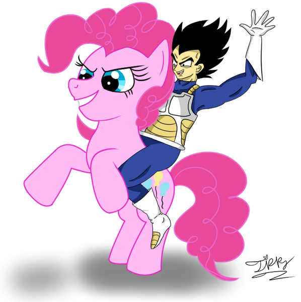 Size: 694x696 | Tagged: safe, artist:thetrippytippy, derpibooru import, pinkie pie, earth pony, human, pony, crossover, dragon ball, dragon ball z, female, image, male, mare, png, pony ride, rearing, riding a pony, signature, simple background, smiling, vegeta, white background