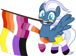 Size: 1229x908 | Tagged: safe, artist:yeetmedownthestairs, derpibooru import, night glider, pegasus, pony, clothes, commission, cute, face paint, flag, grin, image, lesbian pride flag, mouth hold, nonbinary, nonbinary pride flag, png, pride, pride flag, pride month, raised hoof, raised leg, simple background, smiling, socks, solo, striped socks, tattoo, transparent background, ych result
