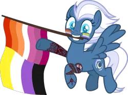 Size: 1229x908 | Tagged: safe, alternate version, artist:yeetmedownthestairs, derpibooru import, night glider, pegasus, pony, commission, cute, face paint, flag, grin, image, lesbian pride flag, mouth hold, nonbinary, nonbinary pride flag, png, pride, pride flag, pride month, raised hoof, raised leg, simple background, smiling, solo, tattoo, transparent background, ych result