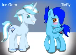 Size: 924x666 | Tagged: safe, artist:thetrippytippy, derpibooru import, oc, oc:ice gem, oc:tiefly, unofficial characters only, pegasus, pony, unicorn, female, floppy ears, horn, image, male, mare, png, smiling, stallion, text, wings