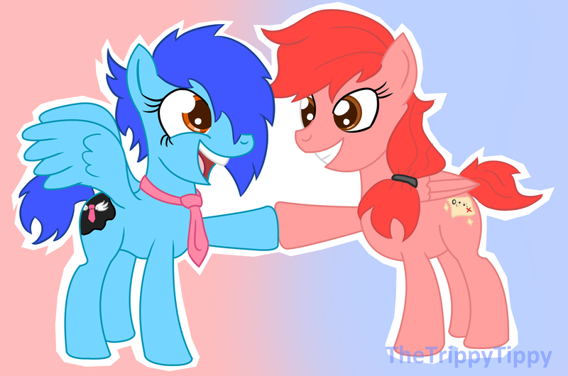 Size: 3700x2452 | Tagged: safe, artist:thetrippytippy, derpibooru import, oc, oc:scarlet voyage, oc:tiefly, unofficial characters only, pegasus, pony, female, hoofbump, image, mare, necktie, open mouth, png, smiling, spread wings, text, wings