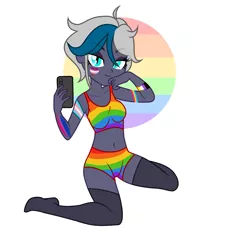 Size: 2027x2093 | Tagged: safe, artist:cindystarlight, artist:idkhesoff, derpibooru import, oc, oc:elizabat stormfeather, unofficial characters only, equestria girls, base used, bedroom eyes, belly button, bisexual pride flag, bodypaint, bra, breasts, clothes, equestria girls-ified, face paint, female, heart, image, lesbian pride flag, mobile phone, nonbinary pride flag, pansexual pride flag, phone, png, pride, pride flag, pride month, rainbow, selfie, simple background, smartphone, socks, solo, stockings, thigh highs, transgender pride flag, underwear, white background