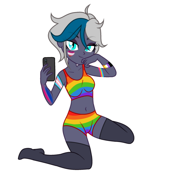 Size: 2027x2093 | Tagged: safe, alternate version, artist:cindystarlight, artist:idkhesoff, derpibooru import, oc, oc:elizabat stormfeather, unofficial characters only, equestria girls, base used, bedroom eyes, belly button, bisexual pride flag, bodypaint, bra, breasts, clothes, equestria girls-ified, face paint, female, heart, image, lesbian pride flag, mobile phone, nonbinary pride flag, pansexual pride flag, phone, png, pride, pride flag, pride month, rainbow, selfie, simple background, smartphone, socks, solo, stockings, thigh highs, transgender pride flag, transparent background, underwear