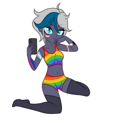 Size: 2027x2093 | Tagged: safe, alternate version, artist:cindystarlight, artist:idkhesoff, derpibooru import, oc, oc:elizabat stormfeather, unofficial characters only, equestria girls, base used, bedroom eyes, belly button, bisexual pride flag, bodypaint, bra, breasts, clothes, equestria girls-ified, face paint, female, heart, image, lesbian pride flag, mobile phone, nonbinary pride flag, pansexual pride flag, phone, png, pride, pride flag, pride month, rainbow, selfie, simple background, smartphone, socks, solo, stockings, thigh highs, transgender pride flag, transparent background, underwear