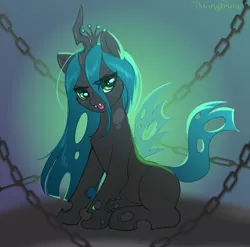 Size: 2740x2705 | Tagged: safe, artist:monstrum, derpibooru import, queen chrysalis, ponified, changepony, hybrid, pony, chains, fangs, horn, image, jpeg, open mouth, sketch, species swap