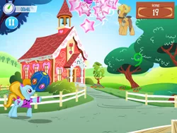 Size: 2048x1536 | Tagged: safe, derpibooru import, rivet, turf, earth pony, pony, ball, clock, clothes, construction pony, error, female, fence, game, game screencap, gameloft, gameloft shenanigans, gem, glitch, hard hat, hat, image, male, mare, pause, png, ponytail, ponyville schoolhouse, stallion, stars, tree, watch