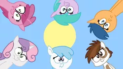 Size: 1280x720 | Tagged: safe, derpibooru import, aura (character), cotton cloudy, first base, pipsqueak, ruby pinch, sweetie belle, earth pony, pegasus, pony, unicorn, .mov, apple.mov, adorabase, alternate mane six, alternate universe, aurabetes, colt, cottonbetes, cute, diasweetes, female, filly, foal, frown, g4, hotdiggedydemon-ish, huddle shot, image, male, pegasus first base, pinchybetes, png, pony.mov, race swap, sky, squeakabetes, sun