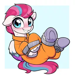 Size: 3000x3000 | Tagged: safe, artist:moozua, derpibooru import, zipp storm, pegasus, pony, blushing, bound wings, chains, clothes, commission, cuffed, cuffs, g5, grin, high res, image, nervous, nervous grin, never doubt rainbowdash69's involvement, png, prison outfit, prisoner, smiling, sweat, sweatdrop, underhoof, wings
