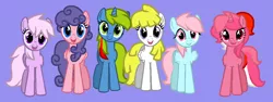 Size: 945x354 | Tagged: safe, artist:jigglewiggleinthepigglywiggle, derpibooru import, galaxy (g1), lickety split, lickety-split, north star, ribbon (g1), surprise, wind whistler, earth pony, pegasus, pony, twinkle eyed pony, unicorn, adoraprise, blue eyes, curly hair, curly mane, curly tail, cute, female, folded wings, g1, g1 licketybetes, g1 to g4, g4, galaxydorable, generation leap, green eyes, hugpony poses, image, magenta eyes, mare, multicolored hair, multicolored mane, multicolored tail, northabetes, open mouth, open smile, pink eyes, pink hair, pink mane, pink tail, png, purple background, purple eyes, purple hair, purple mane, purple tail, ribbondorable, simple background, smiling, straight hair, straight mane, straight tail, tail, team, whistlerbetes, wings, yellow hair, yellow mane, yellow tail