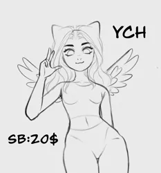 Size: 1207x1295 | Tagged: safe, artist:fenix-artist, derpibooru import, oc, unofficial characters only, anthro, pegasus, clothes, commission, female, image, lineart, monochrome, peace sign, pegasus oc, png, smiling, solo, wings, your character here